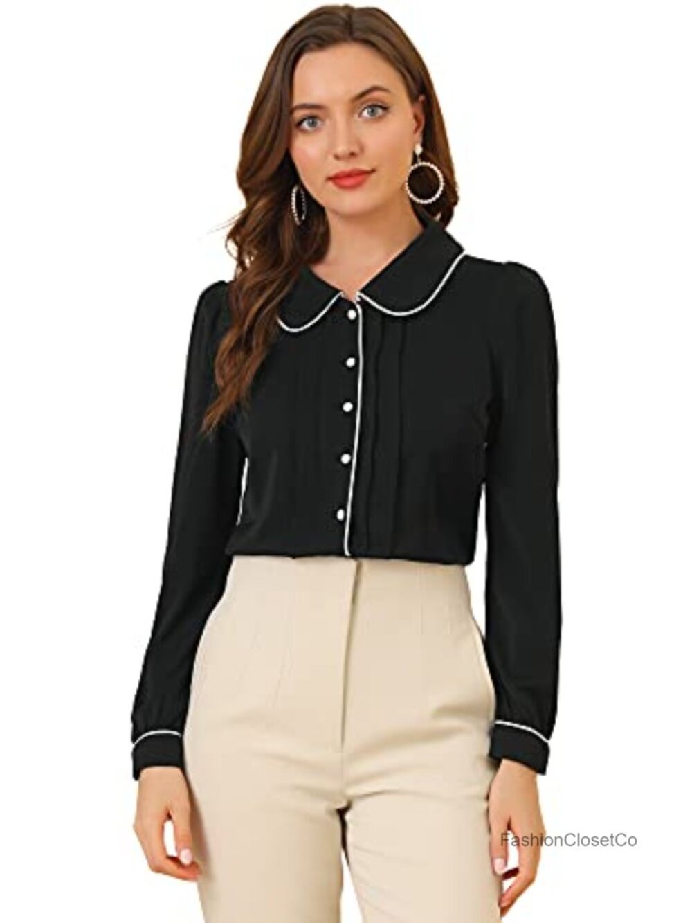 Peter Pan Collar Button Down Blouse Long Sleeve Work Shirt